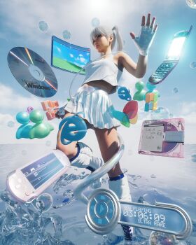 1girl 3d absurdres bliss_(image) blue_eyes boots bubble cd_case cellphone commentary english_commentary fingerless_gloves flip_phone frown frutiger_aero gloves hair_behind_ear handheld_game_console highres internet_explorer iwakura_lain looking_up microsoft_windows midriff_peek navel phone playstation_portable realistic serial_experiments_lain shirt skirt sleeveless sleeveless_shirt solo sony twintails water white_boots white_gloves white_hair white_shirt white_skirt window_(computing) windows_95 windows_classic y2k_fashion zeta_designs