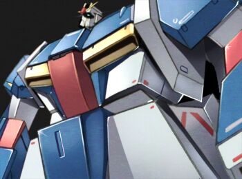 absurdres black_background blue_eyes derivative_work glowing glowing_eye gundam highres looking_up mecha mecha_focus mobile_suit no_humans quality robot screenshot_redraw solo takahashi_masaki v-fin zeta_gundam zeta_gundam_(mobile_suit)
