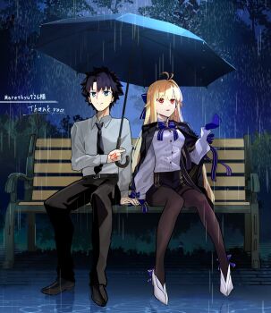 1girl absurdres alternate_costume antenna_hair archetype_earth archetype_earth_(celebratory_attire) archetype_earth_(third_ascension) arcueid_brunestud belt bench black_capelet black_hair blonde_hair blue_bow blue_eyes blue_gloves blue_ribbon bow bowtie capelet collared_shirt fate/grand_order fate_(series) fujimaru_ritsuka_(male) full_body gloves gold_trim hair_bow highres long_hair long_sleeves mor_(morfowfow) necktie pantyhose rain red_eyes ribbon shirt umbrella very_long_hair white_shirt