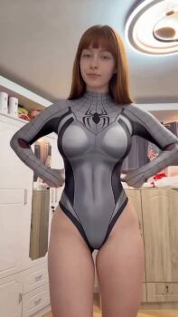 1girl adapted_costume animated ass ass_shake bare_legs black_leotard bouncing_breasts breasts brown_hair curvy dancing female_focus highleg highleg_leotard indoors leotard marvel nicoliviktoria parted_lips photo_(medium) real_life smile smug spider-man spider-man_(cosplay) spider-man_(series) tagme thong_leotard video wide_hips