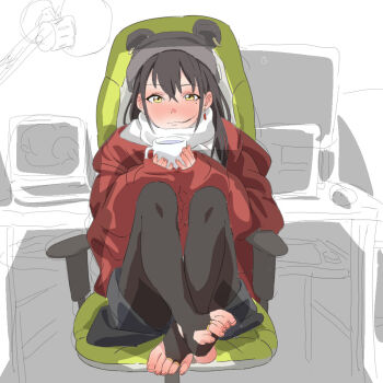 1girl barefoot bign_0 black_hair blush chair cup feet highres long_hair looking_at_viewer mole mole_under_eye mug original stirrup_legwear toeless_legwear toes yellow_eyes