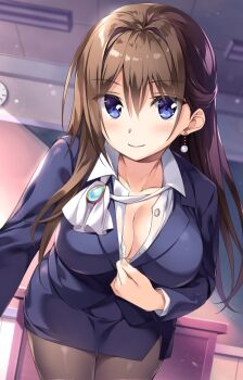 1girl blue_eyes blush boku_no_kanojo_sensei bottomless breasts brown_hair classroom coat desk earrings fujiki_maka jewelry large_breasts long_hair nails original oryo_(oryo04) pantyhose pencil_skirt single_earring skirt smile teasing