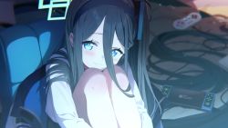 1girl android animated aris_(blue_archive) arms_around_legs blue_archive blue_eyes blue_hair chair child controller from_above game_console game_controller halo highres hugging_own_legs legs looking_at_viewer official_art screencap smile video video