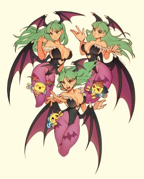 1girl animal_print bare_shoulders bat_print breasts bridal_gauntlets capcom cleavage company_connection cosplay cowboy_shot crossover darkstalkers demitri_maximoff demitri_maximoff_(cosplay) demon_girl demon_wings green_eyes green_hair grey_background head_wings highres large_breasts lilith_(darkstalkers) lilith_(darkstalkers)_(cosplay) long_hair low_wings mega_man_(series) mega_man_legends_(series) morrigan_aensland multiple_views multiple_wings oxcoxa pantyhose pink_bridal_gauntlets print_pantyhose purple_pantyhose servbot_(mega_man) simple_background wings