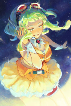 1girl colored_eyelashes commentary_request floating_clothes floating_hair frilled_thigh_strap goggles goggles_on_head green_eyes green_hair gumi hand_on_headset headset highres idk-kun orange_nails orange_shirt orange_skirt parted_lips red-tinted_eyewear red_goggles shirt short_hair short_hair_with_long_locks skirt sky sleeveless sleeveless_shirt solo star_(sky) starry_sky starry_sky_background thigh_strap tinted_eyewear vocaloid white_wrist_cuffs wrist_cuffs