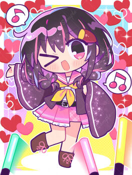 &gt;_o 1girl ;d black_hair blue_background blush boots border braid brown_boots chibi chibi_only commentary_request frilled_skirt frills full_body glowstick gradient_background heart highres iriam jacket lace-up_boots long_sleeves looking_at_viewer medium_hair multicolored_hair musical_note neckerchief one_eye_closed open_clothes open_jacket open_mouth otokana_sora outline outstretched_arm pink_eyes pink_hair pink_sailor_collar pink_skirt plaid_clothes plaid_skirt pleated_skirt polka_dot polka_dot_background purple_background purple_jacket richard_(richaball) sailor_collar sample_watermark school_uniform serafuku skirt smile solo spoken_musical_note standing streaked_hair twin_braids two-tone_background two-tone_hair virtual_youtuber watermark watermark_grid white_border white_outline wide_sleeves yellow_neckerchief