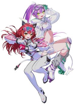 2girls absurdres bodysuit commentary_request full_body gloves goggles goggles_on_head green_eyes green_gloves hair_between_eyes highres hololive looking_at_viewer multicolored_hair multiple_girls navel nekota_tsuna nekota_tsuna_(5th_costume) nemoto_yuuma purple_gloves purple_hair red_hair simple_background stomach thighs tokoyami_towa tokoyami_towa_(cyberpunk) two-sided_gloves two-tone_hair virtual_youtuber vspo! white_background white_bodysuit white_gloves white_hair yellow_eyes