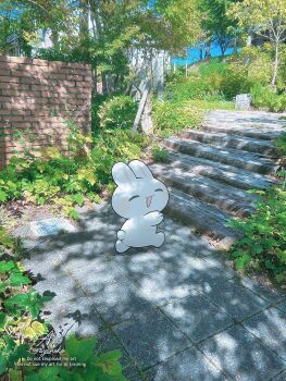 Rule 34 | :3, :d, ^ ^, animal, animal focus, ayu (mog), brick wall, closed eyes, commentary, dappled sunlight, day, english commentary, mixed media, no humans, open mouth, original, outdoors, photo background, rabbit, signature, smile, solo, stairs, sunlight, tile floor, tiles, tree, twitter username, watermark