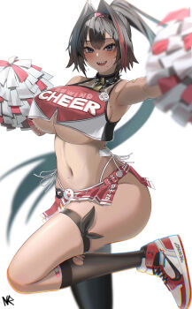1girl absurdres armpits asymmetrical_legwear bandaid bandaid_on_leg bare_shoulders bay_(nikke) black_hair black_socks black_thighhighs blush breasts cheerleader commentary_request crop_top dark-skinned_female dark_skin goddess_of_victory:_nikke hair_intakes hairband highres holding holding_pom_poms iri_(chansupo_045) large_breasts long_hair looking_at_viewer mole mole_on_stomach mole_under_mouth multicolored_hair navel nike_(company) open_mouth panty_straps pom_pom_(cheerleading) pom_poms ponytail red_hair red_skirt sharp_teeth shoes simple_background skirt smile socks solo standing standing_on_one_leg star_(symbol) star_sticker sticker streaked_hair sweat teeth thighhighs underboob uneven_legwear white_background