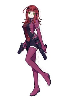 Rule 34 | 1girl, absurdres, boots, breasts, commentary, dual wielding, elbow gloves, full body, gloves, green eyes, gun, headphones, heattech leotard, highres, holding, holding gun, holding weapon, jacket, katori squad's uniform, katori youko, leotard, medium breasts, purple boots, purple gloves, purple jacket, purple thighhighs, red hair, solo, t0r4 x3, thighhighs, turtleneck, weapon, white background, world trigger