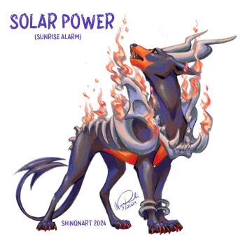 animal_focus artist_name bone commentary dated dobermann dog english_commentary english_text fire full_body gen_2_pokemon houndoom howling mega_houndoom mega_pokemon nintendo no_humans open_mouth pokemon pokemon_(creature) pokemon_move red_eyes shadeofshinon signature simple_background solo standing white_background