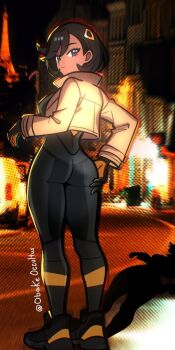 1girl ass black_hair bodysuit breasts dark-skinned_female dark_skin emma_(pokemon) from_behind gloves jacket large_breasts long_sleeves looking_back nintendo obakeoccultus pokemon pokemon_legends:_z-a purple_eyes shoes short_hair