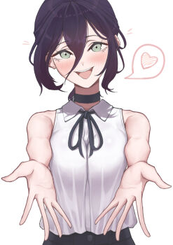 Rule 34 | 1girl, bare shoulders, black choker, black hair, black ribbon, blush, bonfe94, breasts, chainsaw man, choker, collared shirt, commentary, green eyes, hair between eyes, heart, highres, incoming hug, korean commentary, looking at viewer, medium breasts, medium hair, mixed-language commentary, neck ribbon, open mouth, outstretched arms, reaching, reze (chainsaw man), ribbon, shirt, shirt tucked in, short hair, simple background, sleeveless, sleeveless shirt, smile, solo, spoken heart, teeth, upper body, upper teeth only, white background, white shirt
