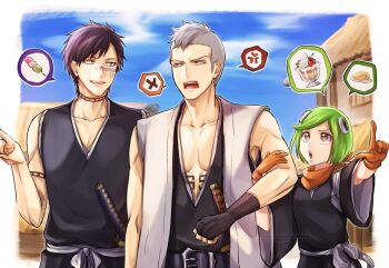 1046sstep_btoh 1girl 2boys anger_vein bleach bleach:_sennen_kessen-hen breasts building commentary_request facial_tattoo grey_hair highres hisagi_shuuhei kuna_mashiro mohawk muguruma_kensei multiple_boys number_tattoo open_mouth orange_hair pectoral_cleavage pectorals pointing raised_eyebrow shihakusho small_breasts smile spoken_anger_vein spoken_object spoken_x sword tattoo toned toned_male undercut weapon