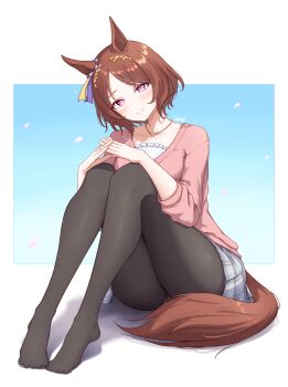 1girl absurdres animal_ears black_pantyhose blush border brown_hair brown_tail cardigan commentary_request ear_ornament flower-shaped_pupils grey_skirt hair_ornament highres horse_ears horse_girl horse_tail knees_up looking_at_viewer outside_border pantyhose pink_cardigan pink_eyes pleated_skirt sakura_laurel_(casual)_(umamusume) sakura_laurel_(umamusume) shirt short_hair simple_background sitting skirt smile soles solo symbol-shaped_pupils tail taro_(peach_taro51) three-quarter_sleeves umamusume white_background white_border white_shirt