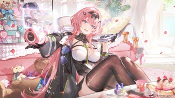 1girl aether_gazer artist_request banana_split black_jacket blue_eyes bow box breasts can drink_can falling_petals food gift gift_box hair_ornament hat highres holding jacket long_hair mole mole_under_eye official_art open_mouth orange_bow petals pink_hair plant red_petals soda_can stuffed_animal stuffed_toy sun_hat teddy_bear thighhighs unworn_eyewear unworn_hat unworn_headwear wadjet_(aether_gazer) zipper