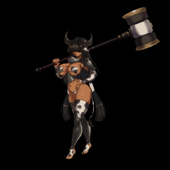 1girl animal_print armor armpits bikini black_background breasts cleavage commentary cow_girl cow_horns cow_print cow_print_bikini cow_print_gloves cow_print_thighhighs cow_tail dark-skinned_female dark_skin english_commentary eyebrows_hidden_by_hair full_body gloves greaves hair_over_eyes hammer hand_on_own_hip highres holding holding_hammer horns huge_weapon large_breasts long_hair navel open_mouth original pauldrons poijii print_bikini print_gloves print_thighhighs shoulder_armor solo stirrup_legwear stomach swimsuit tail thighhighs tiptoes toeless_legwear twintails very_long_hair walking war_hammer weapon