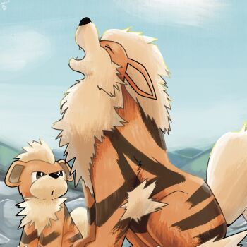 Rule 34 | :o, arcanine, commentary request, day, evolutionary line, fangs, gen 1 pokemon, growlithe, highres, howling, maaruutaa0, nintendo, no humans, open mouth, outdoors, pokemon, pokemon (creature), sky