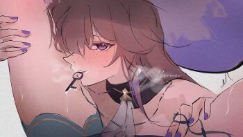 Rule 34 | 2girls, blush, brown hair, commentary, english commentary, female pov, hair over one eye, hand on another's thigh, hat, herta (honkai: star rail), honkai: star rail, honkai (series), key in mouth, long hair, looking at viewer, multiple girls, necklace in mouth, parted lips, pov, purple eyes, purple hat, purple nails, pussy juice, ruan mei (honkai: star rail), saliva, the herta (honkai: star rail), vee m, yuri