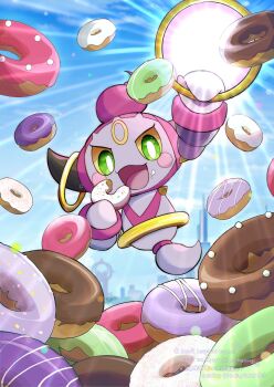 blue_sky colored_sclera donut food food_on_face gen_6_pokemon green_eyes highres holding holding_donut holding_food holding_jewelry holding_ring hoopa hoopa_(confined) horns jewelry legendary_pokemon mythical_pokemon nintendo no_humans open_mouth pokemon pokemon_(creature) pokemon_focus pokemon_legends:_z-a portal_(object) ring saki_pokeoekaki sky smile solo yellow_sclera