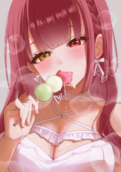 1girl absurdres braid braided_bangs breasts cleavage cleavage_cutout clothing_cutout commentary dango dress eneeues english_commentary food food_in_mouth frilled_dress frills heterochromia highres hololive houshou_marine houshou_marine_(roomwear) large_breasts long_hair looking_at_viewer official_alternate_costume official_alternate_hairstyle open_mouth red_eyes red_hair sanshoku_dango simple_background solo virtual_youtuber wagashi white_dress yellow_eyes
