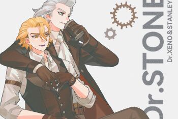 2boys almifiiiii arm_around_shoulder arm_belt arm_strap ascot belt black_lips black_vest blonde_hair brown_belt brown_coat brown_gloves brown_jacket brown_pants brown_vest buttons character_name coat coffee collared_shirt cup disposable_cup dr._stone drinking gears gloves grey_hair hair_between_eyes hair_slicked_back highres holding holding_cup jacket long_sleeves looking_at_another makeup male_focus multiple_boys pants parted_lips purple_lips shirt short_hair simple_background sitting sleeve_garter sleeves_rolled_up smile stanley_snyder_(dr.stone) upper_body vest watch white_ascot white_background white_shirt xeno_(dr.stone) yellow_eyes