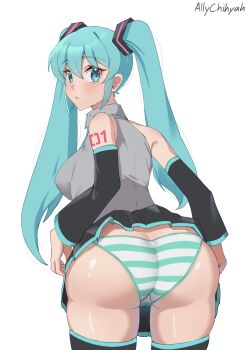 1girl ally_chihyah artist_name ass ass_focus black_skirt blue_eyes blue_hair blush breasts commission detached_sleeves eyebrows_hidden_by_hair from_behind grey_shirt hair_between_eyes hatsune_miku highres large_breasts long_hair looking_at_viewer looking_back open_mouth panties shirt shoulder_tattoo simple_background skirt solo striped_clothes striped_panties tattoo twintails underwear vocaloid white_background
