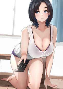 1girl bare_arms bare_legs bare_shoulders barefoot black_hair blue_eyes blush bra breasts cleavage collarbone controller highres holding holding_remote_control indoors kneeling large_breasts mature_female medium_hair original parted_bangs parted_lips purple_bra purple_shorts remote_control sakura_no_tomoru_hi_e shirt short_shorts shorts sleeveless smile solo thighs underwear white_shirt