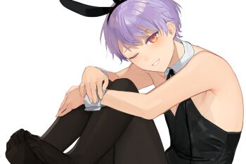 1boy animal_ear_hairband animal_ears armpit_crease bare_shoulders barefoot black_collar black_hairband black_leotard black_pantyhose black_ribbon blush collar commentary_request crossdressing crossdressing_(mtf) detached_sleeves dot_nose fake_animal_ears hairband hands_on_own_legs knees_up leotard looking_at_viewer male_focus male_playboy_bunny neck_ribbon one_eye_closed original pantyhose parted_lips partial_commentary purple_hair purple_hair_boy_(sunaba_(nczd5875)) rabbit_ear_hairband rabbit_ears ribbon short_hair simple_background sitting smile solo sunaba_(nczd5875) toes trap white_background white_wrist_cuffs wrist_cuffs