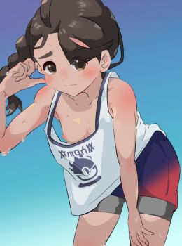 1girl absurdres adjusting_hair ahoge armpit_crease artist_request bare_arms bent_over blueberry_academy_school_uniform blush braid brown_eyes brown_hair collarbone curled_fingers embarrassed eyelashes female_focus flat_chest gradient_shorts hand_on_own_thigh highres juliana_(pokemon) legs loli long_hair looking_at_viewer matching_hair/eyes missing_headwear neck nintendo nipple_slip nipples no_bra official_alternate_costume outdoors pokemon pokemon_sv print_shirt shiny_skin shirt short_shorts shorts side_braid sky sleeveless sleeveless_shirt thick_eyebrows thighs variant_set water_drop wet