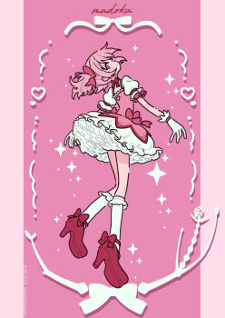 1girl bobby_socks bow character_name commentary dress from_side full_body gloves hair_bow high_heels highres kaname_madoka kaname_madoka_(magical_girl) looking_at_viewer looking_to_the_side magical_girl mahou_shoujo_madoka_magica mahou_shoujo_madoka_magica_(anime) neki_(wakiko) petticoat pink_background pink_bow pink_dress pink_hair puffy_short_sleeves puffy_sleeves purple_eyes red_shoes shoes short_sleeves skirt socks solo twintails white_gloves white_skirt white_socks