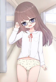1girl black_eyes blush breast_pocket brown_hair clothes_writing collarbone crotch_seam embarrassed flat_chest glasses hallway heart heart_print loli long_hair long_sleeves looking_at_viewer navel neck_ribbon open_mouth original panties pocket print_panties red_ribbon ribbon school school_uniform shirt shooko standing underwear white_panties white_shirt