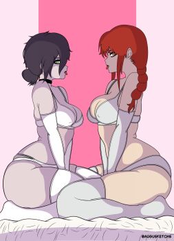 2girls augusketchs braid braided_ponytail breasts chainsaw_man choker elbow_gloves gloves green_eyes looking_at_viewer makima_(chainsaw_man) multiple_girls on_bed purple_hair red_hair reze_(chainsaw_man) ringed_eyes thighhighs tongue tongue_out white_underwear yellow_eyes