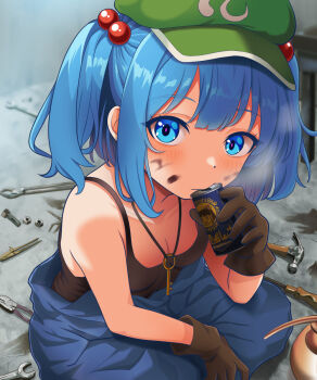1girl bare_shoulders black_gloves black_tank_top blue_eyes blue_hair blue_jumpsuit blush bolt_(hardware) breasts can canned_coffee cleavage collarbone commentary_request drink_can drinking duplicate flat_cap gloves green_hat hair_bobbles hair_ornament hakurei_reimu hammer hat highres indian_style jewelry jumpsuit kawashiro_nitori key key_necklace kisaragi_koushi looking_at_viewer medium_breasts medium_hair motor_oil necklace nut_(hardware) on_ground pixel-perfect_duplicate pliers screwdriver sitting solo tank_top touhou two_side_up wrench