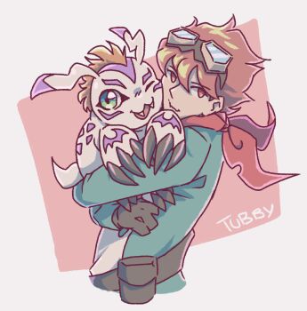 Rule 34 | 1boy, absurdres, black gloves, brown eyes, brown hair, claws, digimon, digimon (creature), digimon story: time stranger, fangs, gloves, goggles, goggles on head, gomamon, green eyes, green jacket, highres, holding digimon, jacket, looking at viewer, one eye closed, short hair, tubbytarchia, upper body, white fur, yuuki dan