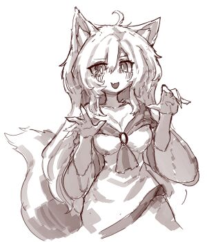 Rule 34 | 1girl, absurdres, ahoge, animal ear fluff, animal ears, ascot, breasts, brooch, cleavage, commentary, dress, fang, greyscale, highres, imaizumi kagerou, jewelry, korean commentary, large breasts, long hair, looking at viewer, monochrome, open mouth, rampa93, skin fang, smile, solo, tail, touhou, very long hair, wide sleeves, wolf ears, wolf girl, wolf tail