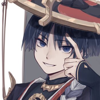 1boy black_hair black_hat black_kimono blue_eyes blunt_ends choppy_bangs empty_eyes eyeliner eyeshadow genshin_impact gold grey_veil hand_on_own_face hat highres huiyue1016 index_finger_raised japanese_clothes jewelry jingasa juban kimono looking_at_viewer makeup male_focus neck_ring open_mouth purple_rope red_eyeliner red_eyeshadow red_hat red_kimono rope scaramouche_(genshin_impact) shimenawa single_sode smile solo veil white_background white_kimono white_mouth white_rope