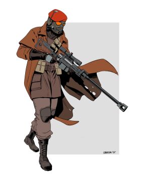 1boy 2025 ammunition_pouch anti-materiel_rifle artist_name belt beret bolt_action boots brown_gloves bullet_hole courier_(fallout:_new_vegas) decomposedtaco duster fallout fallout:_new_vegas gas_mask gloves grey_background gun hat headset helmet highres knee_pads mask pgm_hecate_ii pouch rifle sniper_rifle solo tally torn_clothes trigger_discipline weapon white_background