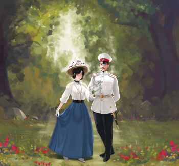1boy 1girl absurdres army belt black_pants black_shoes blue_skirt brown_hair closed_eyes dress facial_hair flower gloves grabbing_another's_arm grass grin hat hetero highres katyusha_(98269886) long_hair military military_uniform mustache nature original pants russian_empire russian_text shoes short_hair shoulder_boards skirt smile standing sun_hat tree white_dress white_gloves white_shoes world_war_i