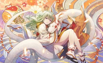 Rule 34 | 1girl, black flower, black shoes, colorful palette, flower, full body, game cg, glowing, green hair, hair flower, hair ornament, highres, japanese clothes, kimono, kusanagi nene, long hair, looking at viewer, official alternate costume, official alternate hairstyle, official art, project sekai, purple eyes, red flower, sandals, shinshun! shishimai robo no oshougatsu show! (project sekai), shoes, snake, socks, solo, third-party source, white flower, white kimono, white socks, wide sleeves, zouri