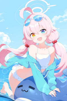 1girl absurdres ahoge bikini blue-tinted_eyewear blue_archive blue_eyes blue_sky breasts eyewear_on_head frilled_bikini frills halo heterochromia highres hoshino_(blue_archive) hoshino_(swimsuit)_(blue_archive) inflatable_toy inflatable_whale kuroida long_hair looking_at_viewer low_twintails official_alternate_costume open_mouth pink_hair pink_halo sky small_breasts solo sunglasses swimsuit tinted_eyewear twintails water white-framed_eyewear white_bikini yellow_eyes