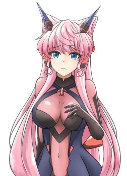 1girl blue_eyes bodysuit breasts cleavage covered_navel hair_between_eyes headgear highres large_breasts long_hair looking_at_viewer maria_cadenzavna_eve pink_hair power_suit senki_zesshou_symphogear simple_background solo symphogear_pendant undersuit very_long_hair yakatsu