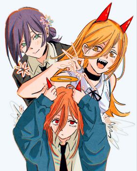 1boy 2girls akim0tion angel_devil_(chainsaw_man) angel_devil_(chainsaw_man)_(cosplay) angel_wings bare_arms bare_shoulders black_choker black_jacket black_necktie black_ribbon blue_coat blush breasts chainsaw_man choker closed_mouth coat collared_shirt cosplay costume_switch cross-shaped_pupils demon_girl fake_horns green_eyes grenade_pin hair_between_eyes hair_bun halo highres horns jacket long_hair medium_breasts medium_hair multiple_girls neck_ribbon necktie open_mouth orange_eyes orange_hair power_(chainsaw_man) power_(chainsaw_man)_(cosplay) purple_hair red_eyes red_hair reze_(chainsaw_man) reze_(chainsaw_man)_(cosplay) ribbon sharp_teeth shirt sleeveless sleeveless_shirt smile suit_jacket symbol-shaped_pupils teeth updo white_background white_shirt wings