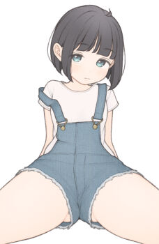 1girl 1ssakawaguchi absurdres ahoge arm_support black_hair blue_eyes blue_overalls blunt_bangs blunt_ends blush bob_cut breasts closed_mouth commentary cutoffs denim expressionless feet_out_of_frame gluteal_fold head_tilt highres ichika_(1ssakawaguchi) leaning_back looking_at_viewer loose_hair_strand original overall_shorts overalls raised_eyebrows shirt short_hair short_shorts short_sleeves shorts simple_background sitting small_breasts solo spread_legs straight-on strap_slip t-shirt thighs white_background white_shirt