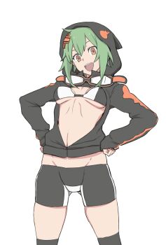 1girl :d ayu_(ddestiny944) bike_shorts bikini bikini_top_only black_bikini black_jacket black_shorts black_socks breasts cleavage commentary_request cowboy_shot digimon digimon_world_re:digitize gluteal_fold goggles goggles_around_neck green_hair groin hair_between_eyes hair_ornament hands_on_own_hips highres hood hood_up hooded_jacket jacket long_sleeves looking_at_viewer medium_breasts multicolored_bikini navel open_mouth orange_eyes over-kneehighs partially_unzipped shinomiya_rina short_hair short_hair_with_long_locks shorts sidelocks simple_background skindentation smile socks solo standing stomach swimsuit teeth thighhighs two-tone_bikini upper_teeth_only white_background white_bikini x_hair_ornament