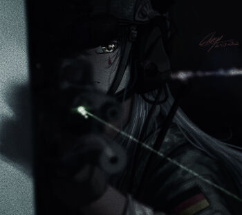 1girl assault_rifle bundeswehr close-up dated film_grain gefreiter_cluey german_flag girls&#039;_frontline gun h&amp;k_hk416 helmet highres hk416_(girls&#039;_frontline) laser_sight military_combat_uniform military_uniform rifle signature solo weapon