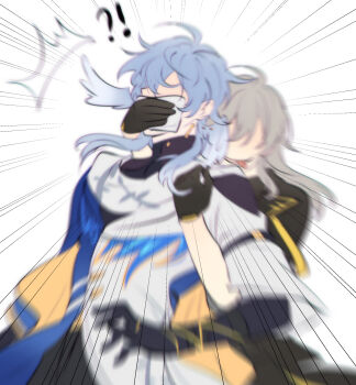 !? 1boy 1girl abduction ahoge black_gloves blurry commentary cowboy_shot english_commentary from_behind gloves grey_hair hakuzumu head_wings highres honkai:_star_rail honkai_(series) kidnapping long_hair motion_lines stelle_(honkai:_star_rail) sunday_(honkai:_star_rail) trailblazer_(honkai:_star_rail) wings