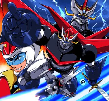 1boy flying great_mazinger great_mazinger_(robot) grin helmet kamisimo_90 lightning male_focus mazinger_(series) mazinger_z mecha pointing robot shin_mazinger_zero smile sword tsurugi_tetsuya weapon