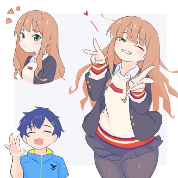 1boy 1girl asanaka_yomogi black_jacket black_pantyhose black_skirt blazer blue_hair blue_jacket blush brown_hair collar collared_shirt commentary_request couple double_v green_eyes gridman_universe gridman_universe_(movie) hair_ornament hairclip heart hetero highres jacket long_hair long_sleeves looking_at_viewer minami_yume open_mouth pantyhose pleated_skirt school_uniform shirt short_hair short_sleeves simple_background skirt smile spoken_heart ssss.dynazenon sweater swept_bangs uncool_mochi v waving white_shirt