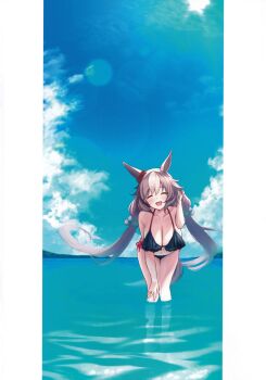 1girl :d ^_^ absurdres alternate_costume animal_ears bikini black_bikini blue_sky breasts brown_hair cleavage closed_eyes cloud collarbone day ear_scrunchie facing_viewer hand_in_own_hair hand_on_own_knee herohero_(higashi_no_dou) highres horse_ears horse_girl horse_tail large_breasts leaning_forward lens_flare long_hair multicolored_hair navel non-web_source ocean open_mouth outdoors pillarboxed scan side-tie_bikini_bottom sky smile solo standing streaked_hair sun swimsuit tail twintails two-tone_hair umamusume very_long_hair wading water white_hair wonder_acute_(umamusume)